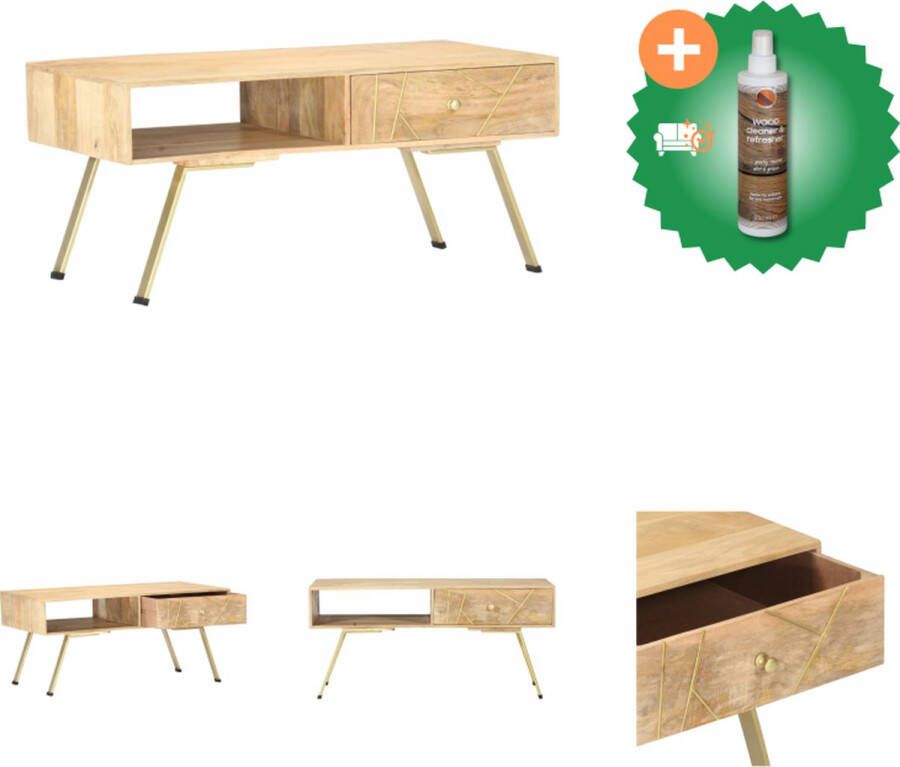 VidaXL Retro Salontafel Massief Mangohout Staal 95 x 50 x 42 cm Lichthout Messing Tafel Inclusief Houtreiniger en verfrisser