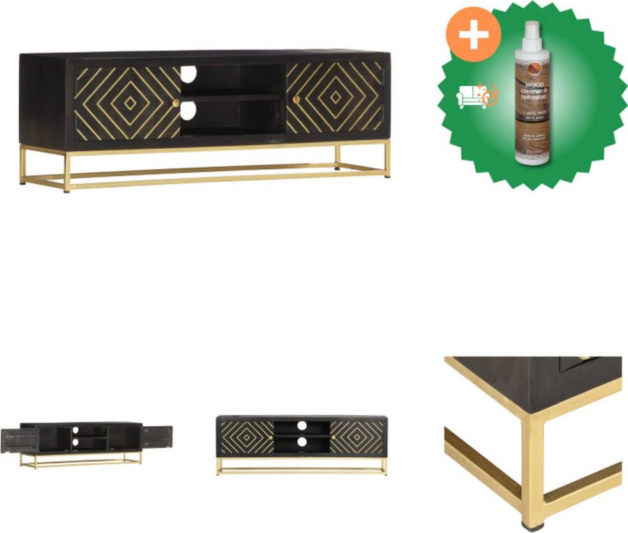 VidaXL Retro Tv-meubel 120 x 30 x 40 cm Zwart en Goud Massief Mangohout en Gepoedercoat Staal Kast Inclusief Houtreiniger en verfrisser