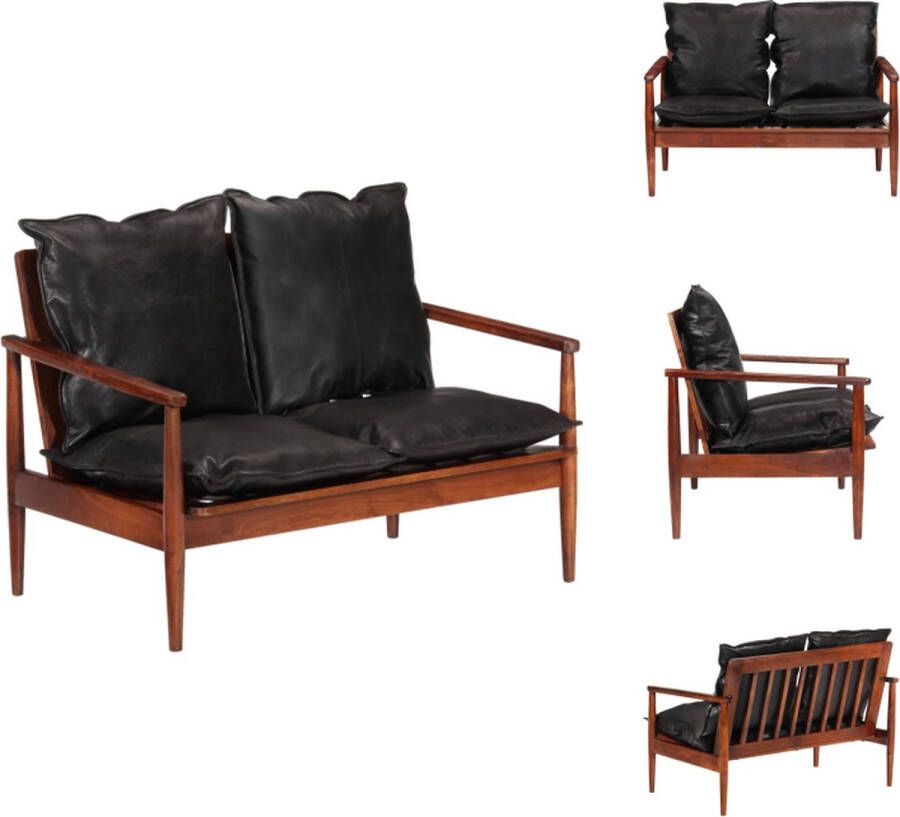 VidaXL Retro Tweezitsbank Massief acaciahout Comfortabel zitten Eenvoudig te reinigen Unieke kleuren en nerven Zwart Echt leer en schuim 99 x 65 x 72 cm Bank