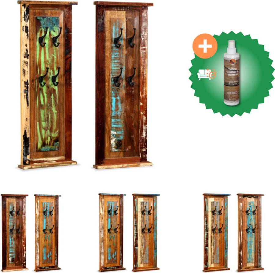 VidaXL Retro Wandkapstokken Set van 2 38 x 100 cm Massief gerecycled hout Smeedijzeren haken Kapstok Inclusief Houtreiniger en verfrisser