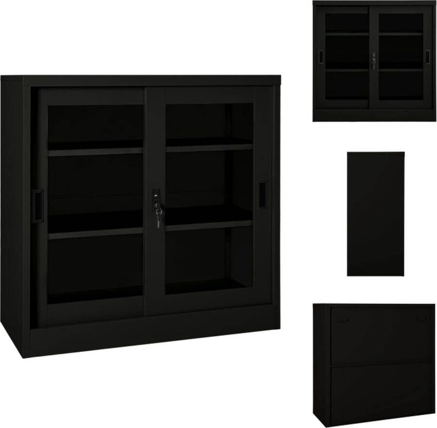 VidaXL Roldeurkast Zwart Staal en Gehard Glas 90 x 40 x 90 cm Met Schuifdeuren 2 Verstelbare Schappen Met Slot Kast