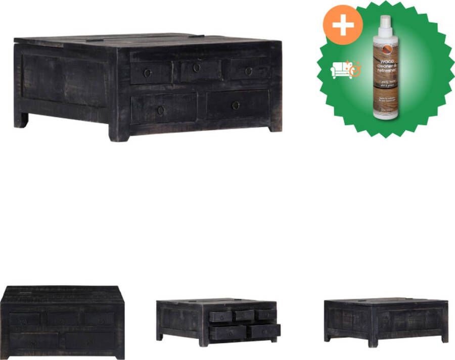 VidaXL Salontafel Mangohout Zwart 65 x 65 x 30 cm 5 lades Tafel Inclusief Houtreiniger en verfrisser