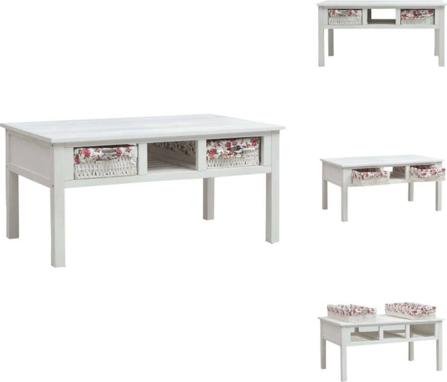VidaXL Salontafel massief paulowniahout wit 99.5 x 60 x 48 cm opvouwbare manden bloemenpatroon Tafel