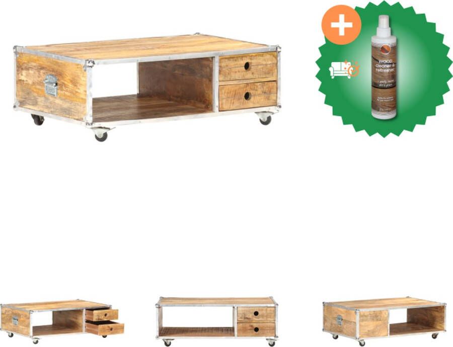 VidaXL Salontafel Massief Ruw Mangohout 89 x 59 x 33 cm 2 lades en 1 open vak Tafel Inclusief Houtreiniger en verfrisser