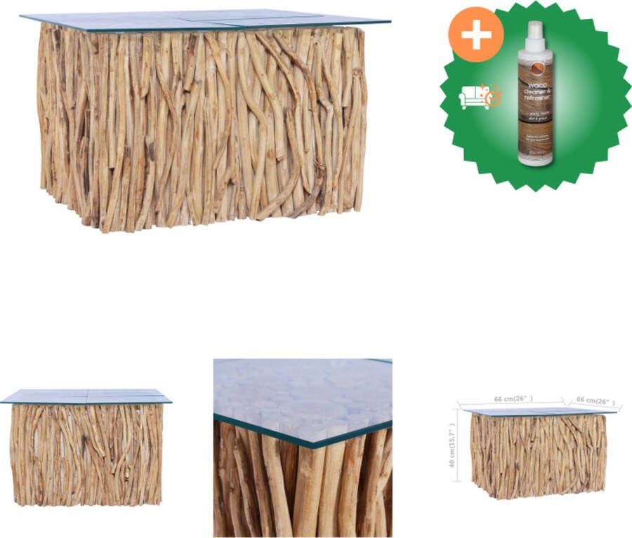VidaXL Salontafel Massief Teakhout en Glas 66 x 66 x 40 cm Lichtbruin Tafel Inclusief Houtreiniger en verfrisser