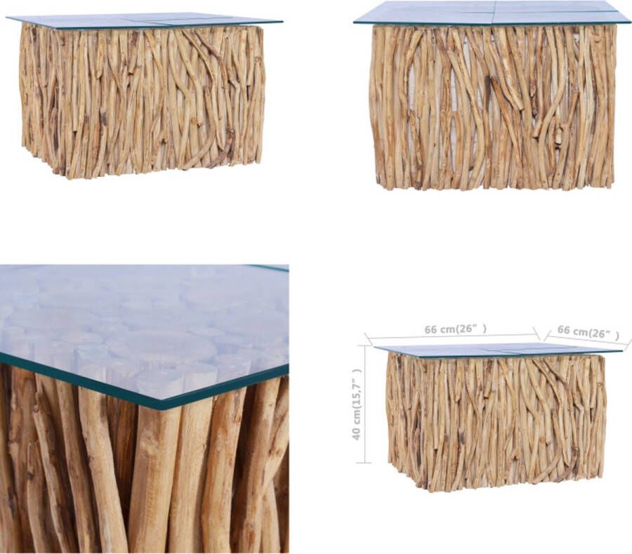 VidaXL Salontafel met glazen blad 66x66x40 cm massief teakhout Salontafel Salontafels Koffietafel Koffietafels