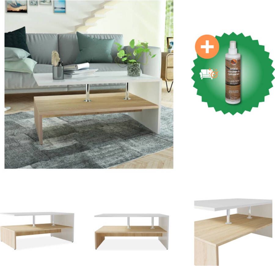 VidaXL Salontafel Moderne Tafel 90 x 59 x 42 cm Eiken en Wit Gemaakt van spaanplaat PVC randen en roestvrijstalen steunen Tafel Inclusief Houtreiniger en verfrisser