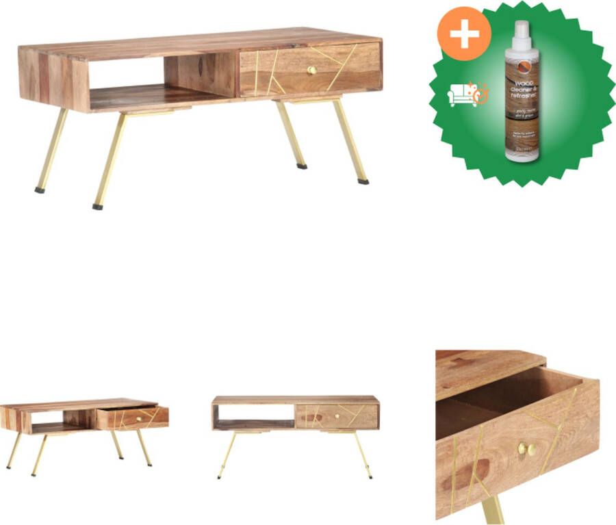 VidaXL Salontafel Retro Stijl Massief Sheeshamhout 95 x 50 x 42 cm Met 1 Lade en 1 Vak Licht Hout Messing Tafel Inclusief Houtreiniger en verfrisser