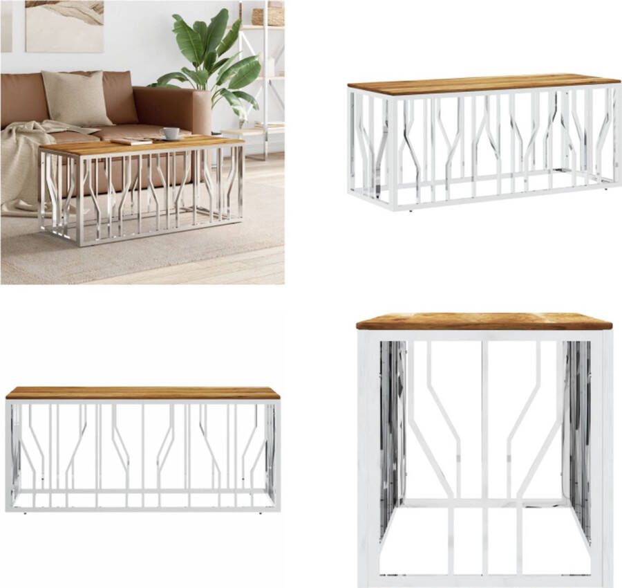 VidaXL -Salontafel-roestvrij-staal-en-massief-acaciahout-zilverkleurig Salontafel Salontafels Bijzettafel Banktafel