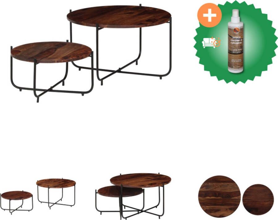 VidaXL Salontafel Set Massief Sheeshamhout Staal 60x35cm 45x20cm Vintage Charme Tafel Inclusief Houtreiniger en verfrisser