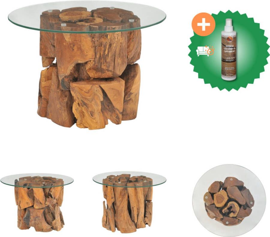 VidaXL Salontafel Teakhout Massief Houten Basis Gehard Glazen Tafelblad Retro Stijl Bruin 60x0.8 cm Tafel Inclusief Houtreiniger en verfrisser