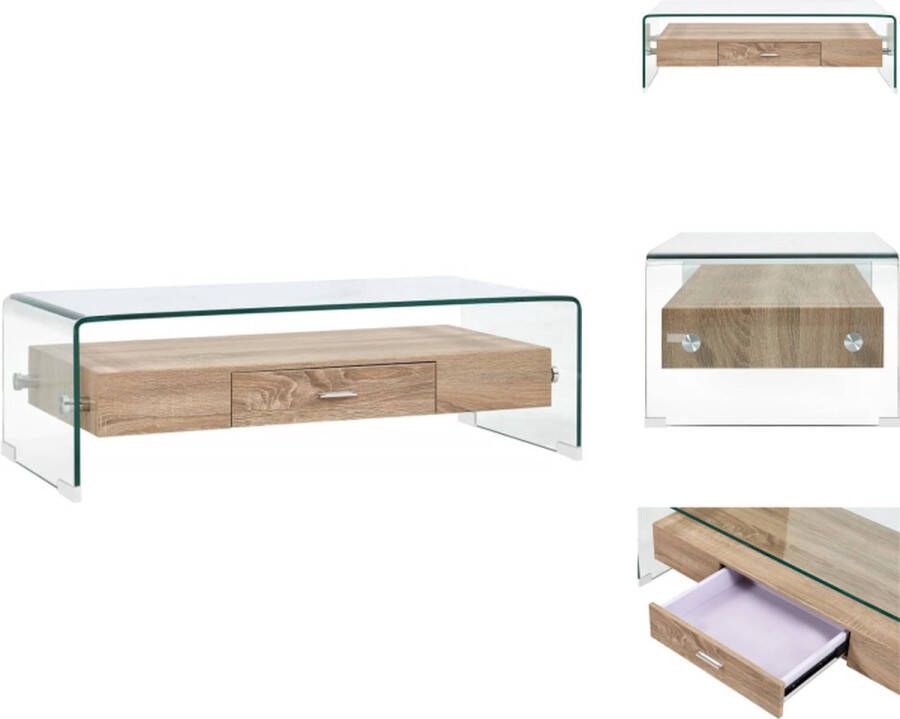 vidaXL Salontafel Transparant en eiken 98 x 45 x 31 cm Gehard veiligheidsglas Met schap en lade Tafel