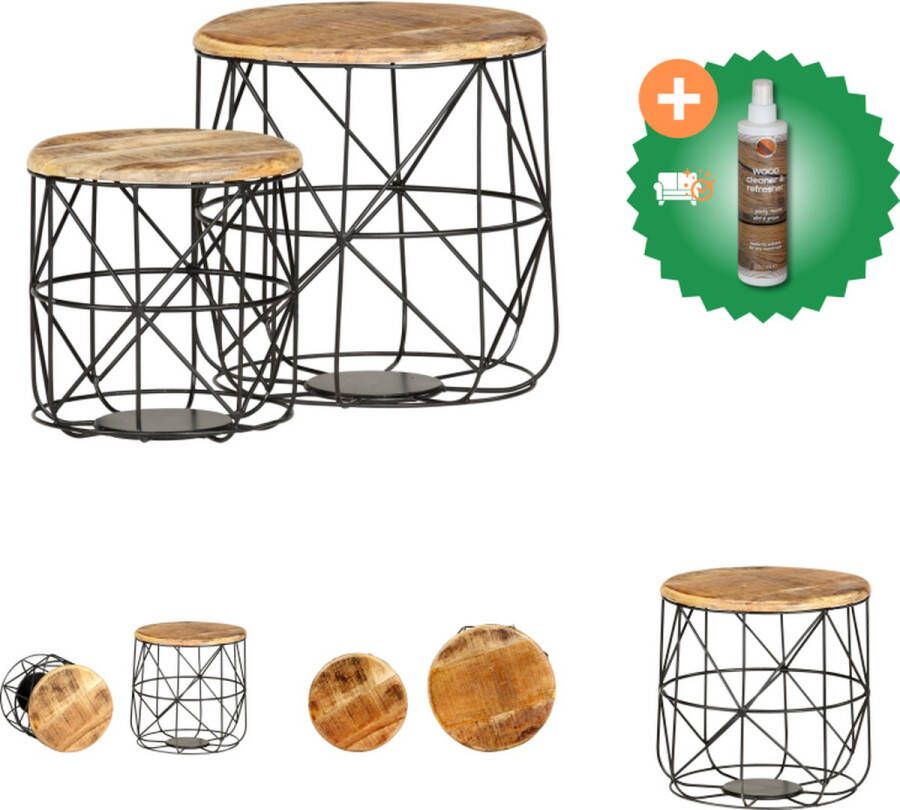 VidaXL Salontafelset Antieke Stijl Massief Mangohout Zwart 45 x 45 cm en 36 x 36 cm Vintage Design Tafel Inclusief Houtreiniger en verfrisser