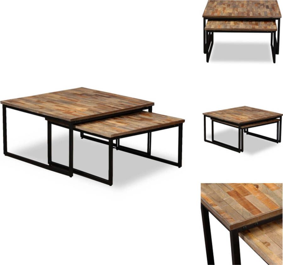 VidaXL Salontafelset Industrieel Gerecycled Teakhout Staal 75x75x39cm 65x65x33cm Uniek Tafel