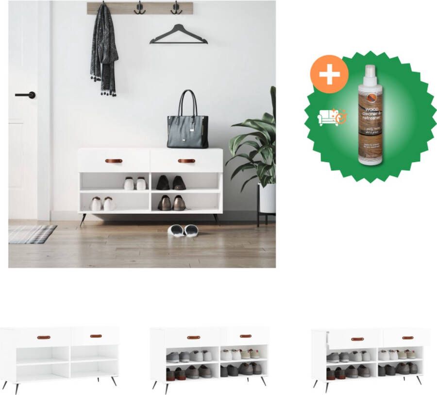 VidaXL Schoenenbank Opbergmeubel 102 x 35 x 55 cm Duurzaam hout Hoogglans wit 2 lades en 4 planken Schoenenkast Inclusief Houtreiniger en verfrisser