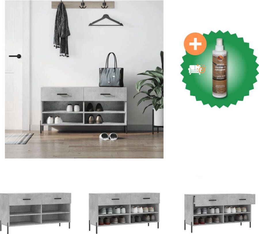 VidaXL Schoenenbank Betongrijs 102 x 35 x 55 cm Duurzaam bewerkt hout 2 lades en 4 planken Stabiel met ijzeren poten Schoenenkast Inclusief Houtreiniger en verfrisser