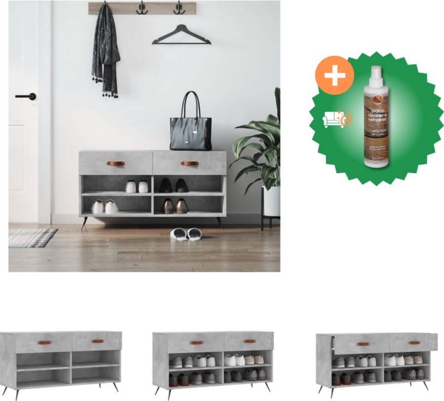 VidaXL Schoenenbank Betongrijs 102 x 35 x 55 cm Duurzaam hout 2 lades en 4 planken Schoenenkast Inclusief Houtreiniger en verfrisser