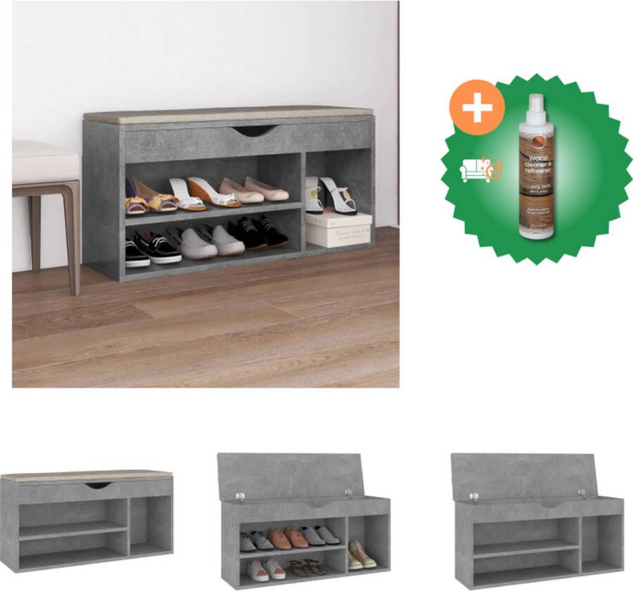 VidaXL Schoenenbank met kussen 104x30x49 cm spaanplaat betongrijs Schoenenkast Inclusief Houtreiniger en verfrisser