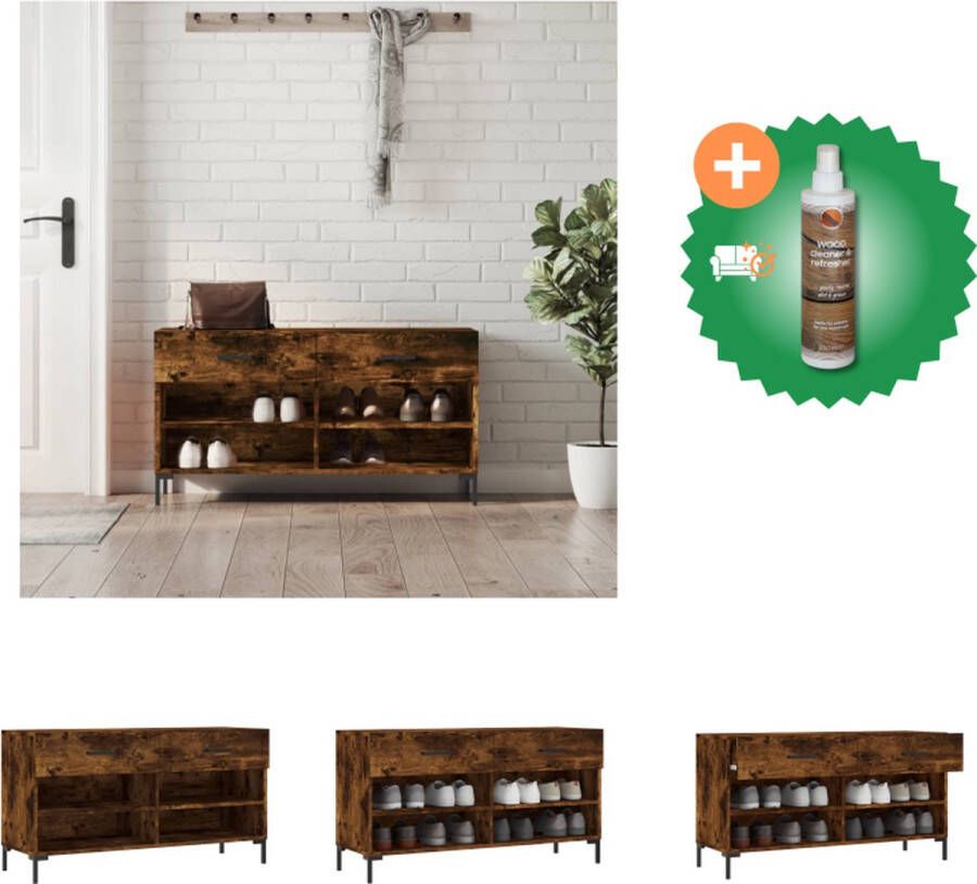 VidaXL Schoenenbank Gerookt eiken 102x35x55 cm Opbergruimte Stevig blad Ijzeren poten Schoenenkast Inclusief Houtreiniger en verfrisser - Foto 2
