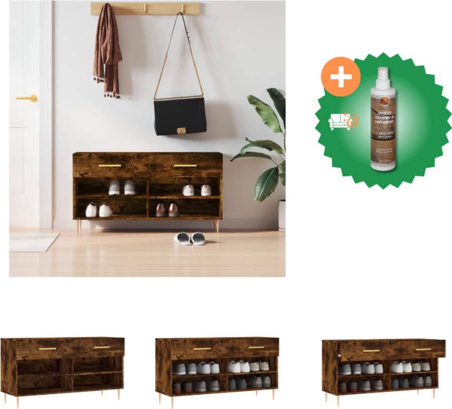 VidaXL Schoenenbank Gerookt eiken 102x35x55 cm Opbergruimte Stevig blad Ijzeren poten Schoenenkast Inclusief Houtreiniger en verfrisser