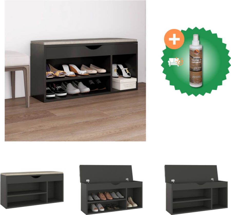 VidaXL Schoenenbank met kussen 104x30x49 cm spaanplaat grijs Schoenenkast Inclusief Houtreiniger en verfrisser