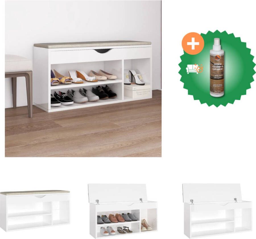 VidaXL Schoenenbank met kussen 104x30x49 cm spaanplaat hoogglans wit Schoenenkast Inclusief Houtreiniger en verfrisser