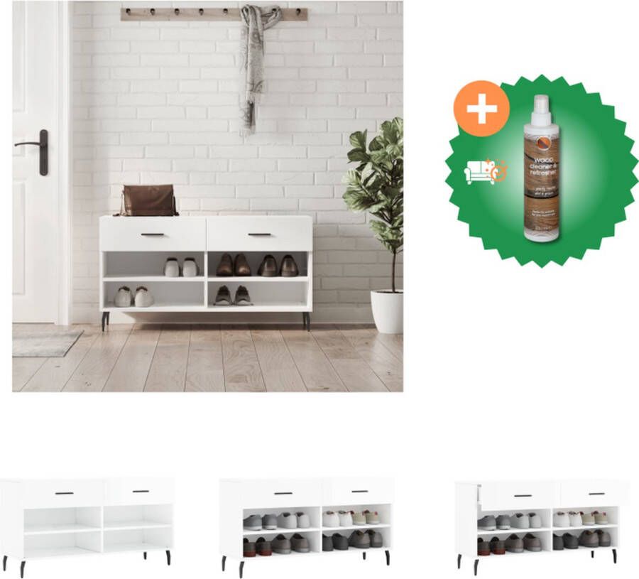 VidaXL Schoenenbank Opbergmeubel 102 x 35 x 55 cm Duurzaam hout Hoogglans wit 2 lades en 4 planken Schoenenkast Inclusief Houtreiniger en verfrisser - Foto 2