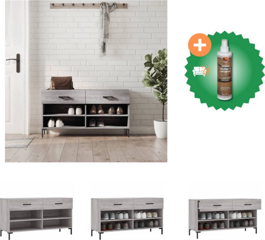 VidaXL Schoenenbank Trendy en praktisch Ruime opbergruimte Stevig blad Industriële stijl Kleur- grijs sonoma eiken Afmetingen- 102 x 35 x 55 cm Schoenenkast Inclusief Houtreiniger en verfrisser