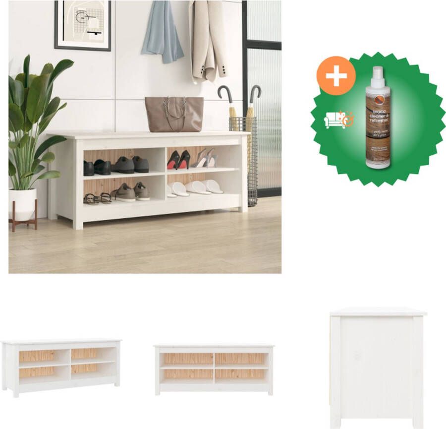 VidaXL Schoenenbank Massief Grenenhout 110 x 38 x 45.5 cm Wit Schoenenkast Inclusief Houtreiniger en verfrisser