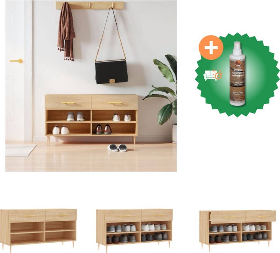 VidaXL Schoenenbank Trendy en praktisch Kleur- Bruineiken Afmetingen- 102 x 35 x 55 cm Duurzaam bewerkt hout en ijzer 2 lades 4 planken Stevig blad Ijzeren poten Montage vereist Schoenenkast Inclusief Houtreiniger en verfrisser - Foto 4