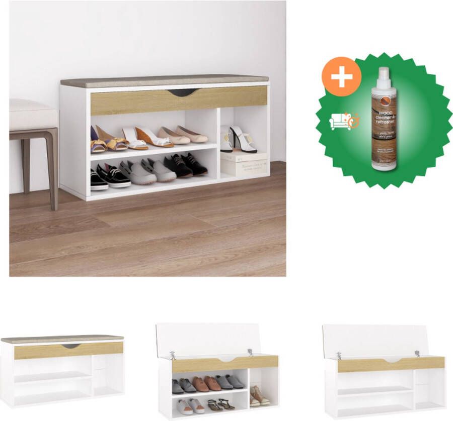 VidaXL Schoenenbank en kussen 104x30x49 cm spaanplaat wit sonoma eiken Schoenenkast Inclusief Houtreiniger en verfrisser - Foto 2