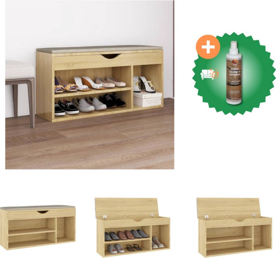 VidaXL Schoenenbank en kussen 104x30x49 cm spaanplaat wit sonoma eiken Schoenenkast Inclusief Houtreiniger en verfrisser