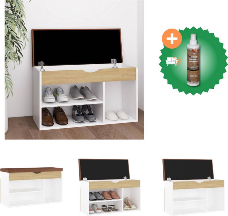 VidaXL Schoenenbank Wit en Sonoma Eiken 80x30x47 cm Opbergbank met Kussen Schoenenkast Inclusief Houtreiniger en verfrisser