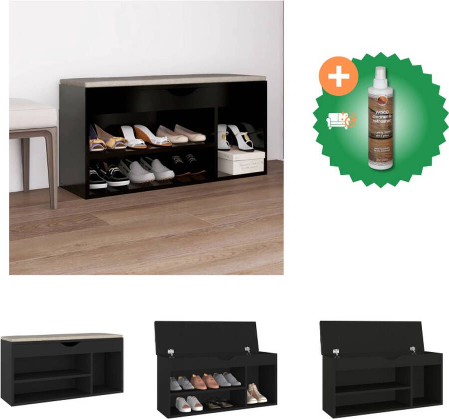 VidaXL Schoenenbank met kussen 104x30x49 cm spaanplaat zwart Schoenenkast Inclusief Houtreiniger en verfrisser