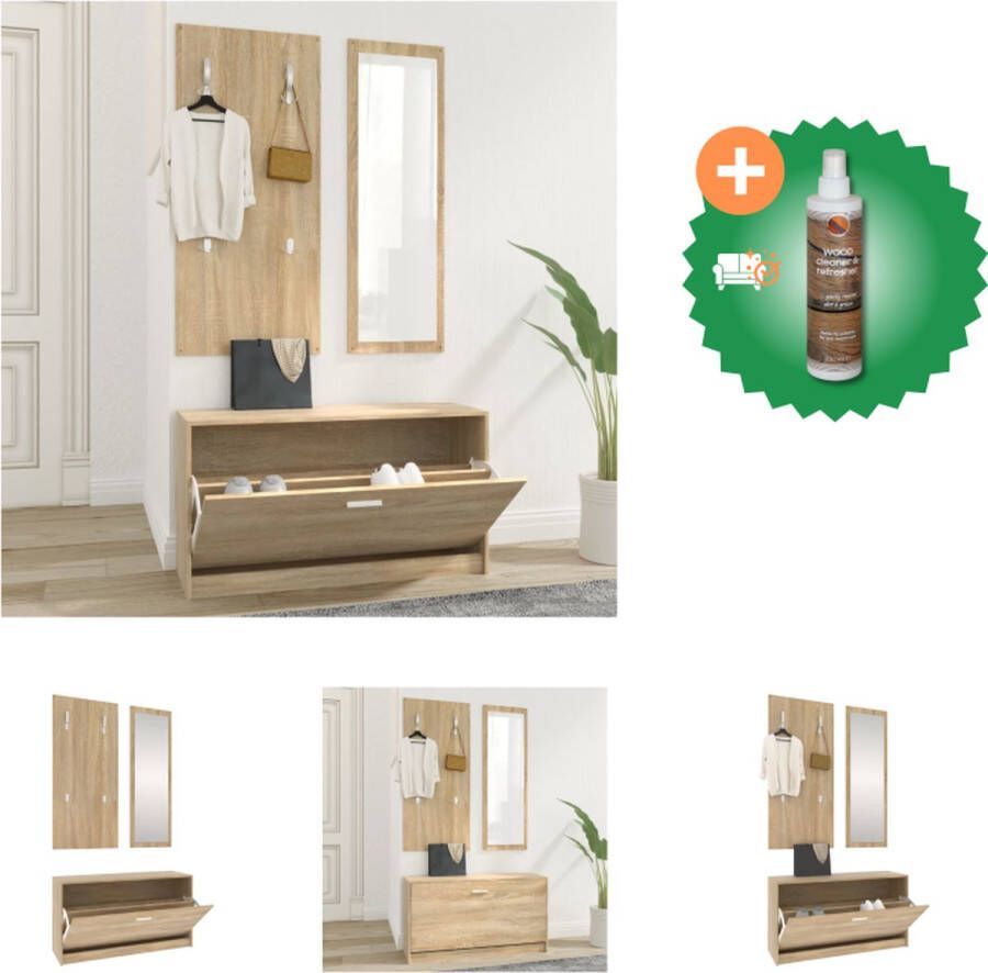 VidaXL Schoenenkast 3-in-1 Set met Kapstok en Spiegel Sonoma Eiken 80 x 27 x 46.5 Hoge Kwaliteit Schoenenkast Inclusief Houtreiniger en verfrisser