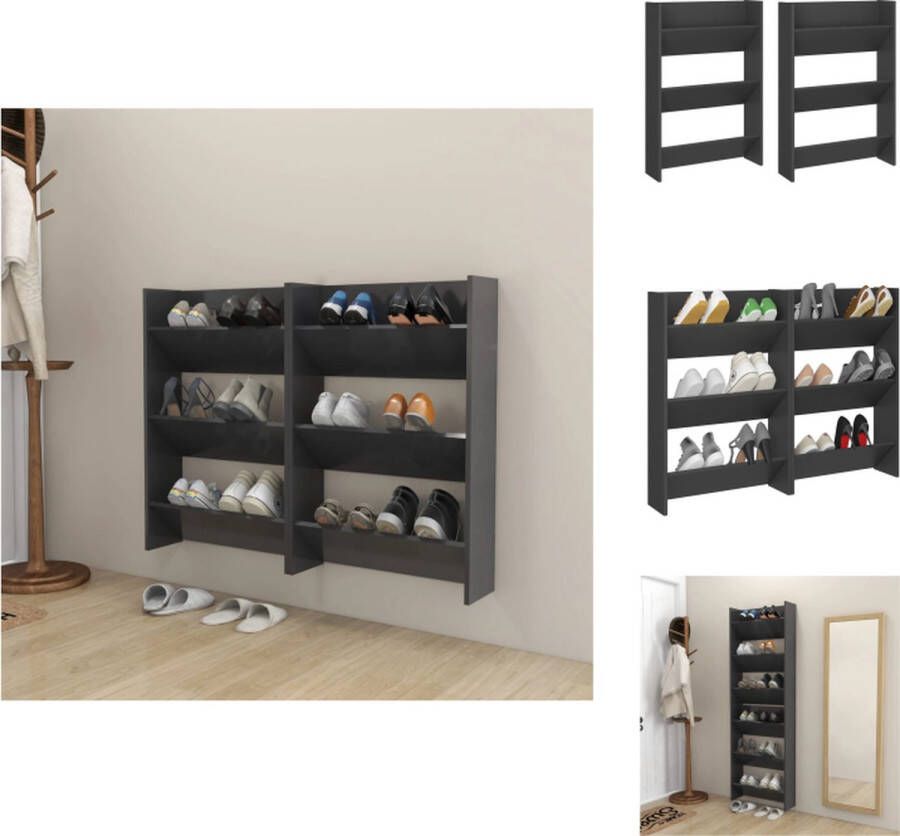 VidaXL Wandschoenenkast Wandschoenenkasten Wandkast Voor Schoenen Wandkasten Voor Schoenen Wandschoenenkasten 2 st 60x18x90 cm bewerkt hout grijs - Foto 2