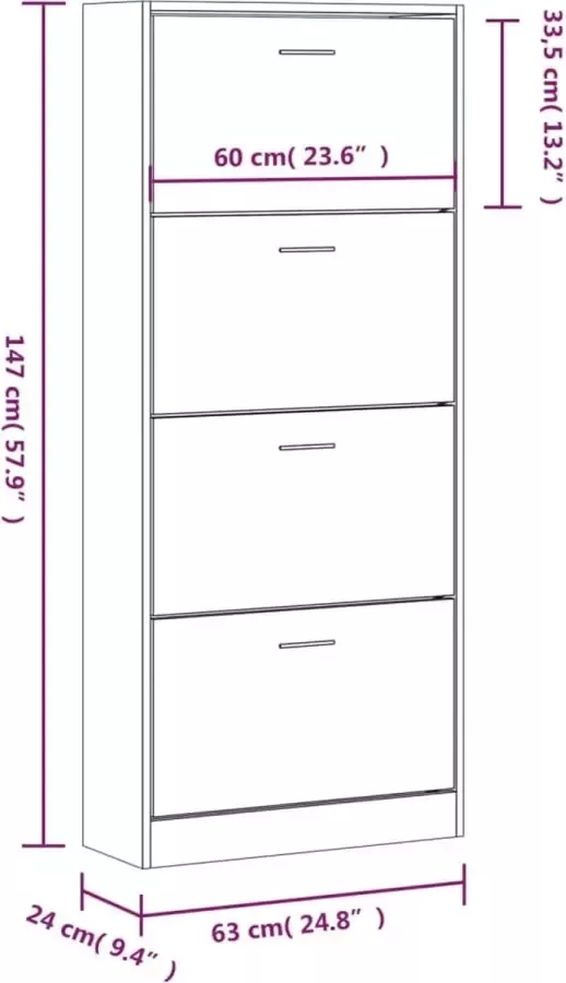 vidaXL Schoenenkast 63x24x147 cm bewerkt hout Zwart