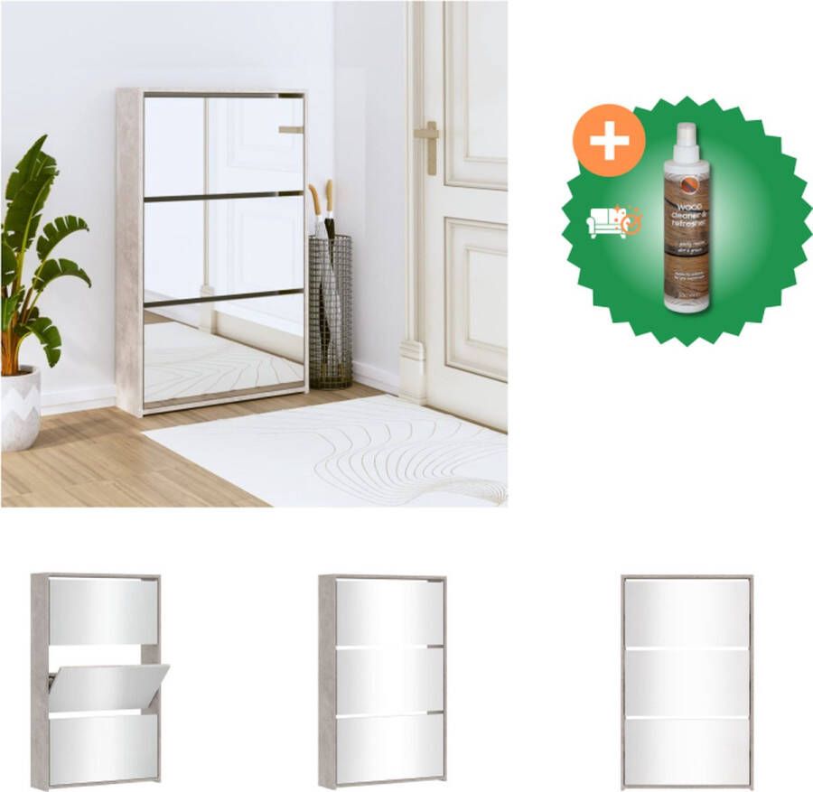 VidaXL Schoenenkast met spiegel 3-laags 63x17x102-5 cm betongrijs Schoenenkast Inclusief Houtreiniger en verfrisser