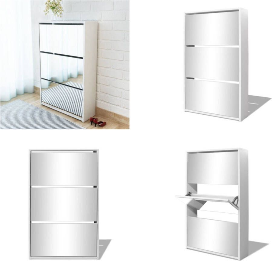 VidaXL Schoenenkast drielaags met spiegel 63x17x102-5 cm wit Schoenenkast Schoenenkasten Schoenen Kast Schoenen Kasten - Foto 2