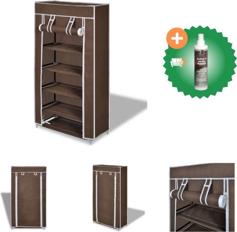 VidaXL Stoffen schoenenrek met hoes 58 x 28 x 106 cm bruin Schoenenkast Inclusief Reiniger