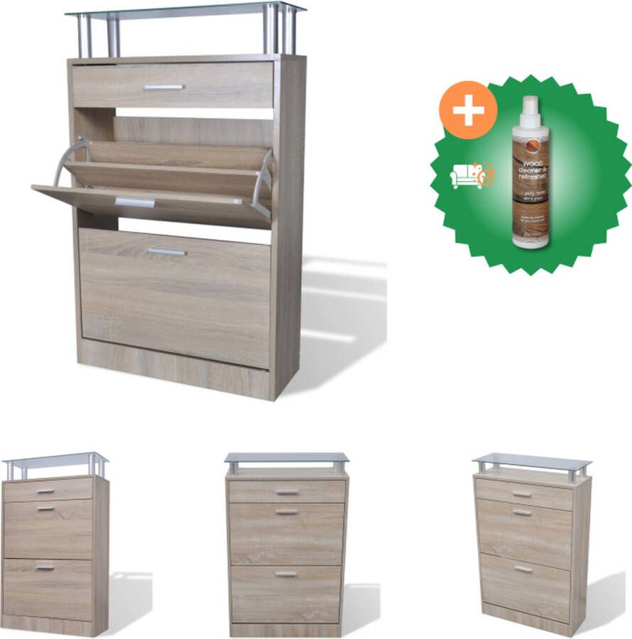 VidaXL Schoenenkast Eiken Houten kast met lade en glazen schap 63 x 24 x 104 cm Schoenenkast Inclusief Houtreiniger en verfrisser