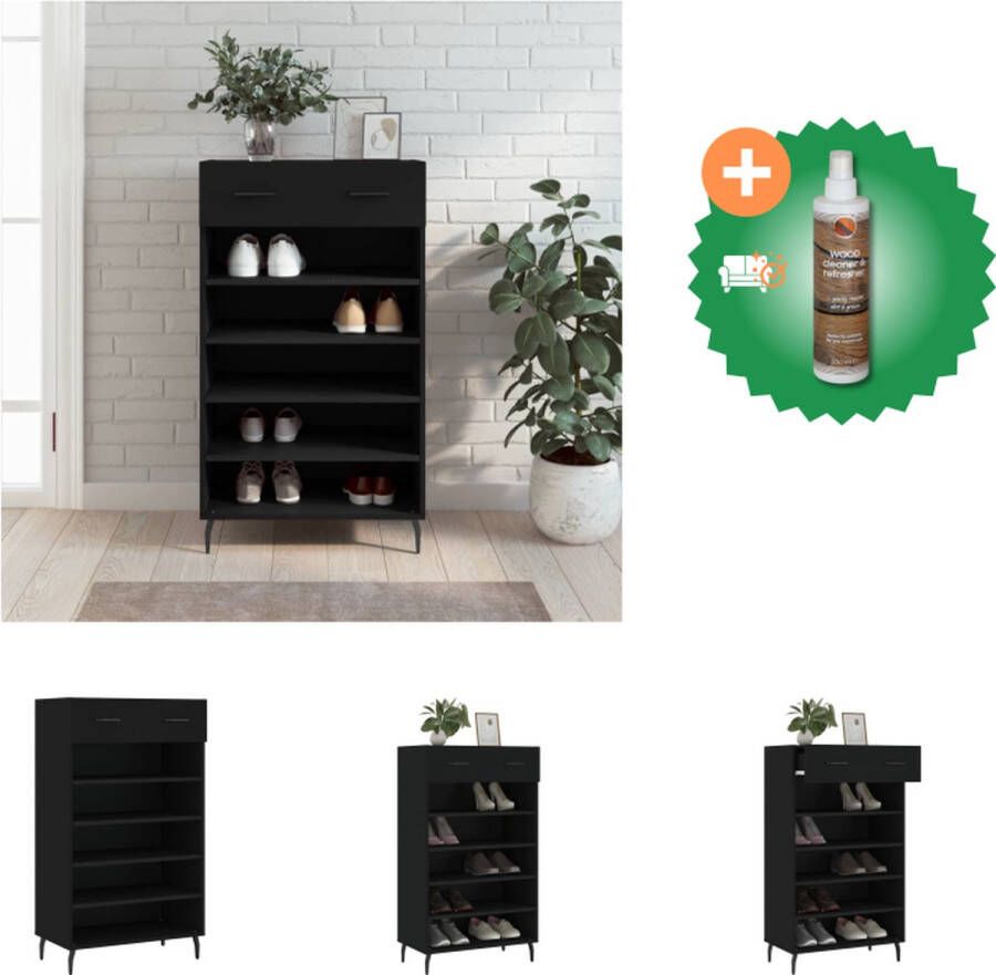 VidaXL Schoenenkast Elegant Duurzaam hout 1 lade 5 open vakken Stabiel blad Praktisch ontwerp Zwart 60 x 35 x 105 cm Kast Inclusief Houtreiniger en verfrisser