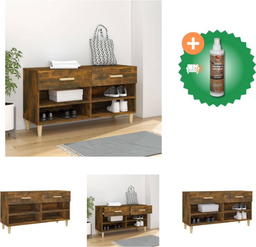 VidaXL Schoenenkast Elegant Opbergruimte- 2 lades 4 vakken Afmetingen- 102 x 35 x 55 cm Materiaal- Bewerkt hout Kleur- Gerookt eiken Schoenenkast Inclusief Houtreiniger en verfrisser