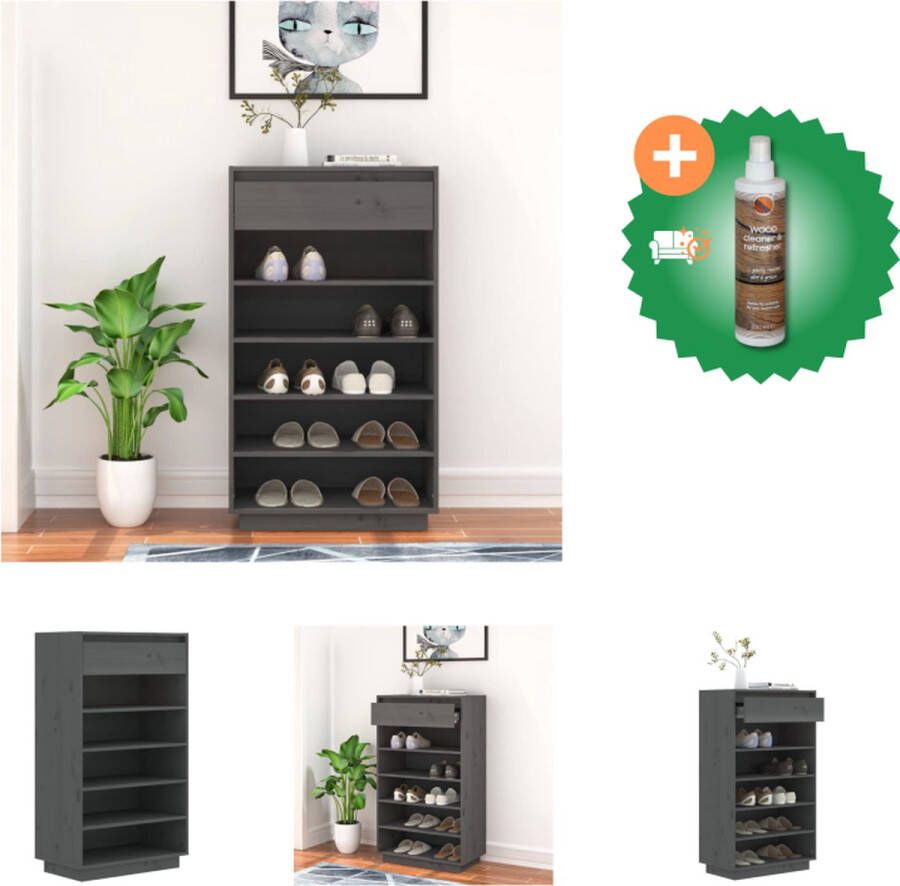 VidaXL Schoenenkast Grenenhout Grijs 60 x 34 x 105 cm Montage vereist Schoenenkast Inclusief Houtreiniger en verfrisser