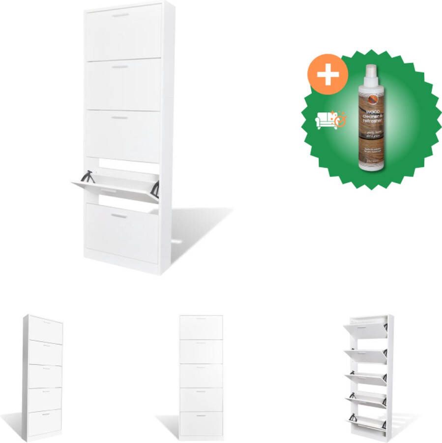 VidaXL Schoenenkast Hout 5 Opbergvakken Wit 59 x 17 x 169 cm Eenvoudig te monteren Schoenenkast Inclusief Houtreiniger en verfrisser