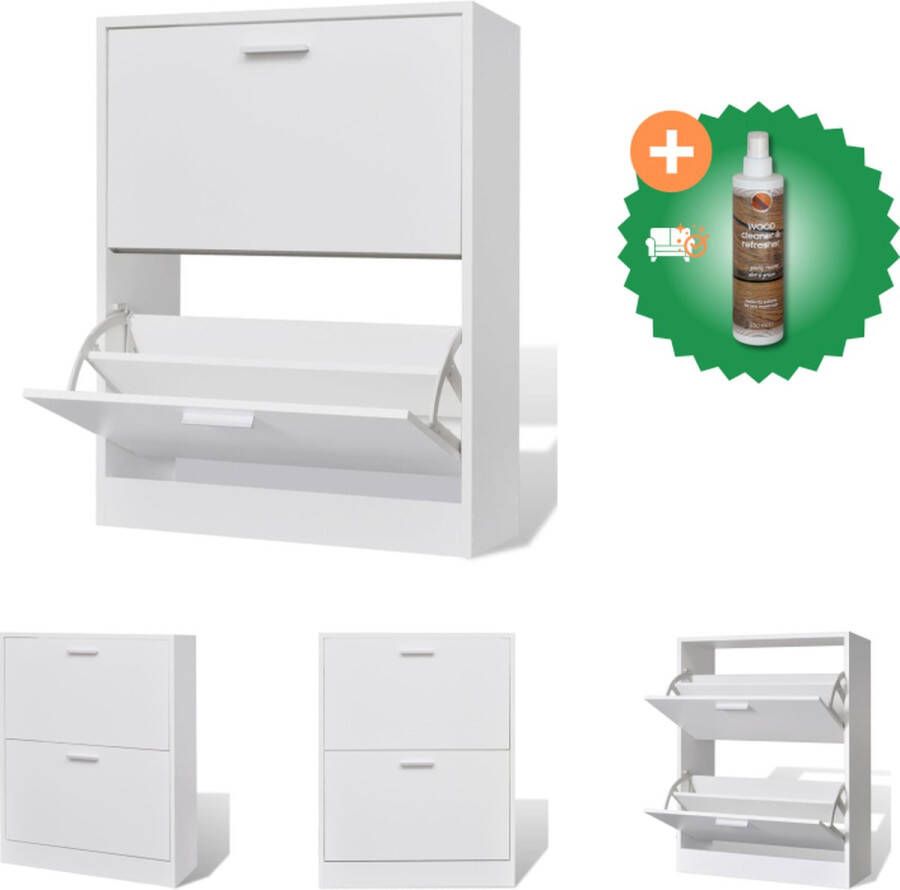 VidaXL Schoenenkast Houten 63.5x24x81 cm Wit 2 Grote Opbergvakken Schoenenkast Inclusief Houtreiniger en verfrisser