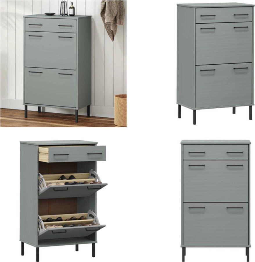 VidaXL Schoenenkast met metalen poten OSLO massief grenenhout grijs Schoenenkast Schoenenkasten Schoenenrek Schoenenrekken