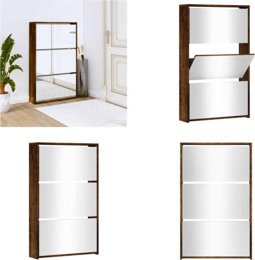 VidaXL Schoenenkast met spiegel 3-laags 63x17x102 5 cm gerookt eiken Schoenenkast Schoenenkasten Berging Voor Schoenen Schoenenrek