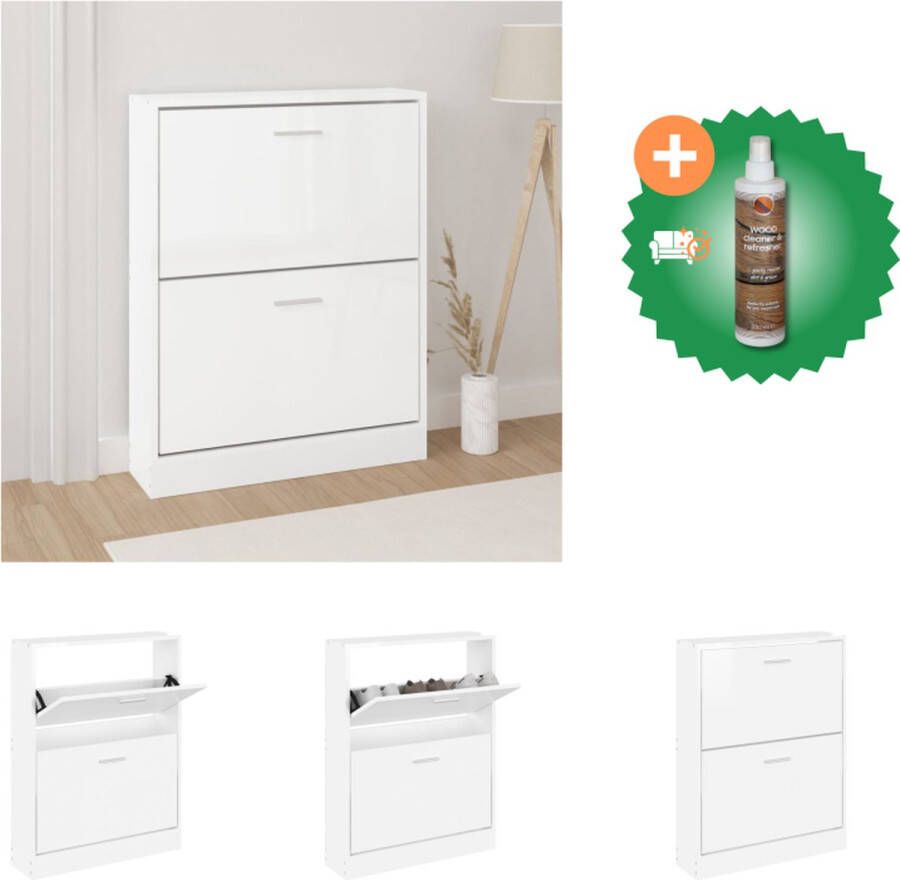 VidaXL Schoenenkast Modern en trendy design Hoogglans wit Bewerkt hout 59x17x81 cm 2 lades Schoenenkast Inclusief Houtreiniger en verfrisser