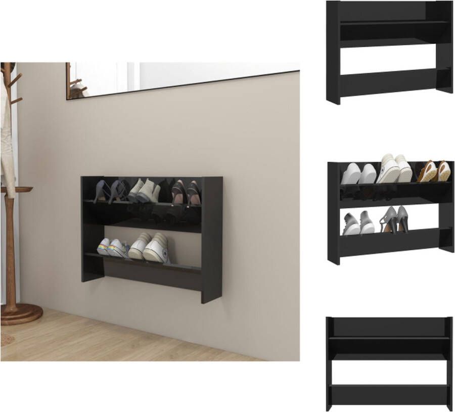 VidaXL Wandschoenenkast Wandschoenenkasten Wandkast Voor Schoenen Wandkasten Voor Schoenen Wandschoenenkast 80x18x60 cm bewerkt hout hoogglans zwart - Foto 2